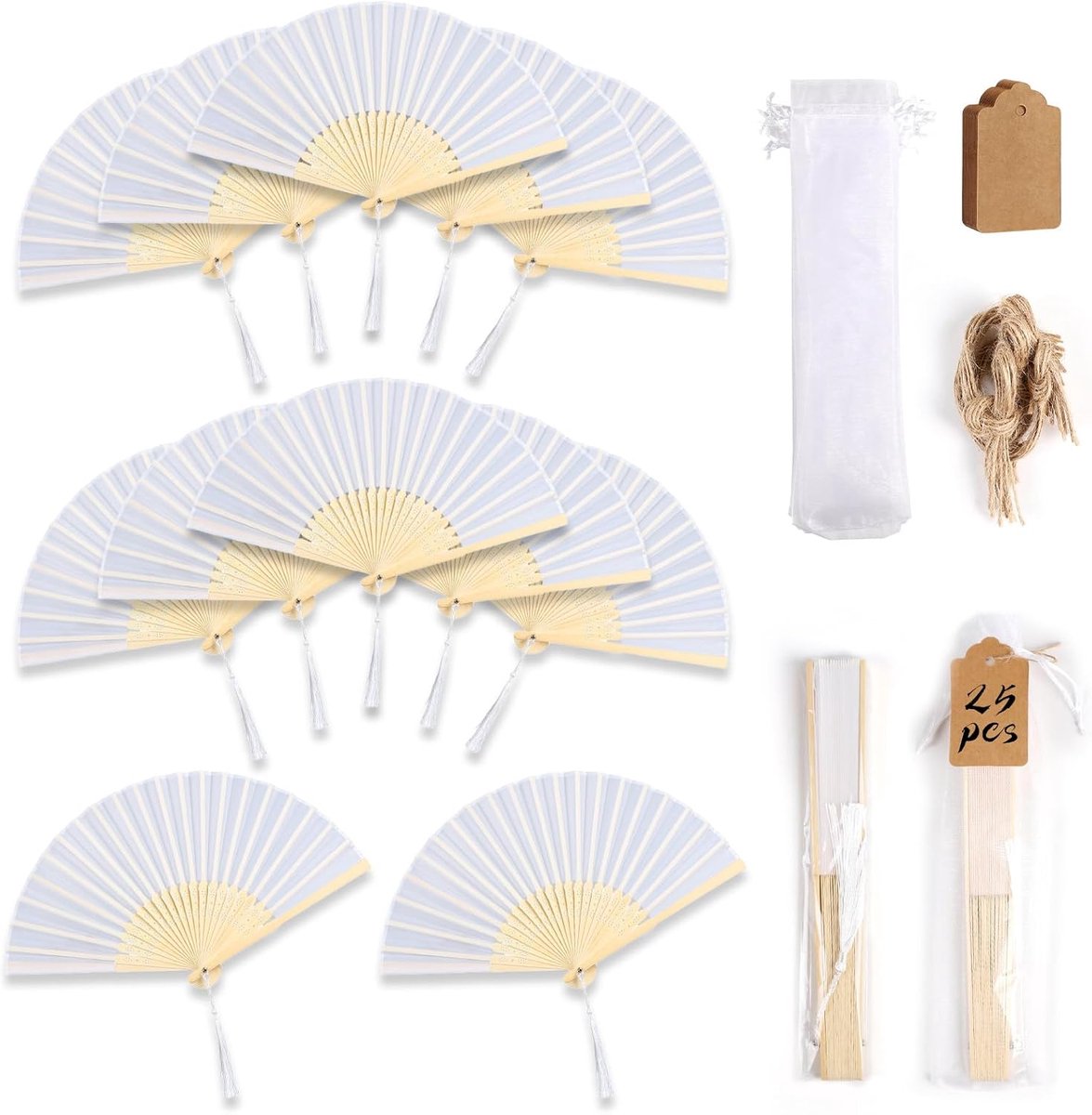 Vouwbare zijden handfans 25 stuks - Wit - Inclusief organza zakken - Perfect voor dans en decoratie - ShopVlot