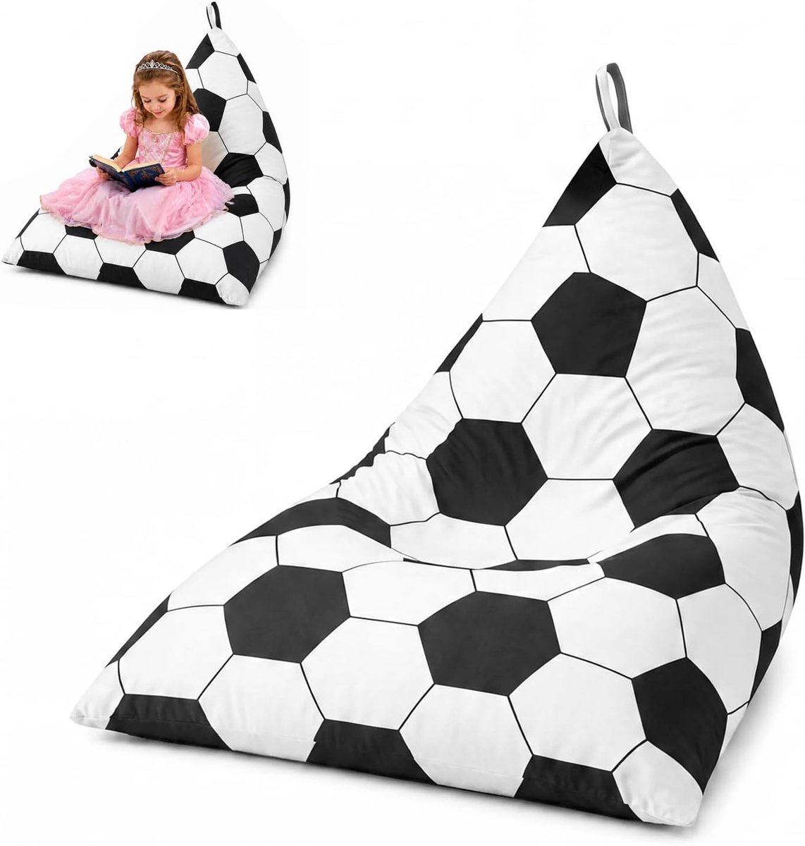 Zitzak voor knuffels - 50 x 72 x 72 cm - voetbal zwart wit - opbergfunctie en comfortabele zitplek - ShopVlot