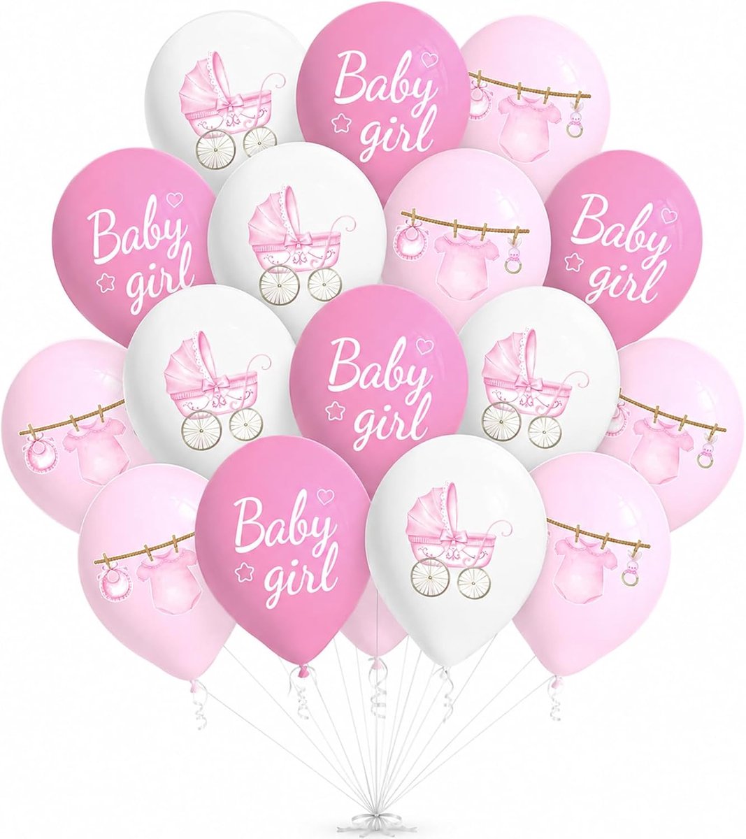 Koboko Latexballonnen voor babymeisjes, doop en babyshower, roze en wit, kinderwagenmotief, 18 stuks - ShopVlot
