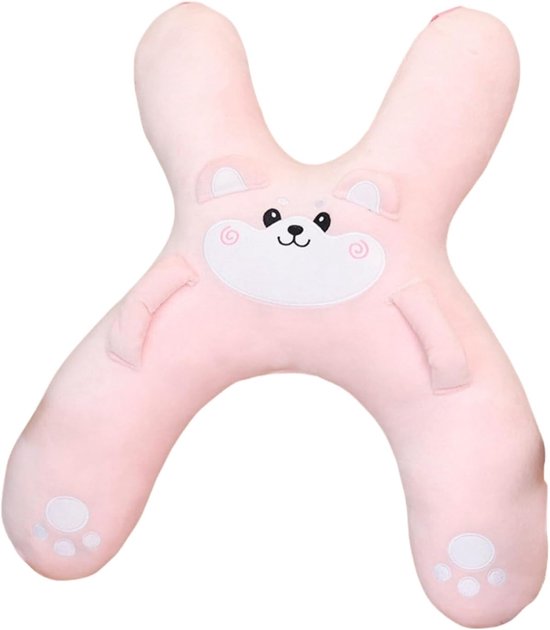 Coussin rose en forme de H avec un imprimé visage d'ours mignon, des oreilles et des pattes.