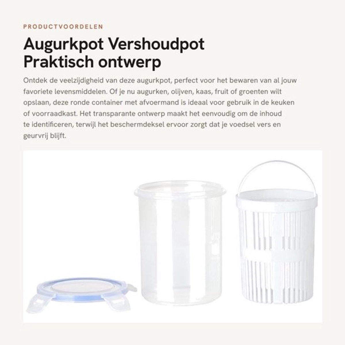 Augurkpot met Deksel - Voedselcontainer met Zeef - Ronde Voedselcontainer - Koelkast Fresh Saver Jar - 11 x 13,5 Cm - Transparant Ontwerp