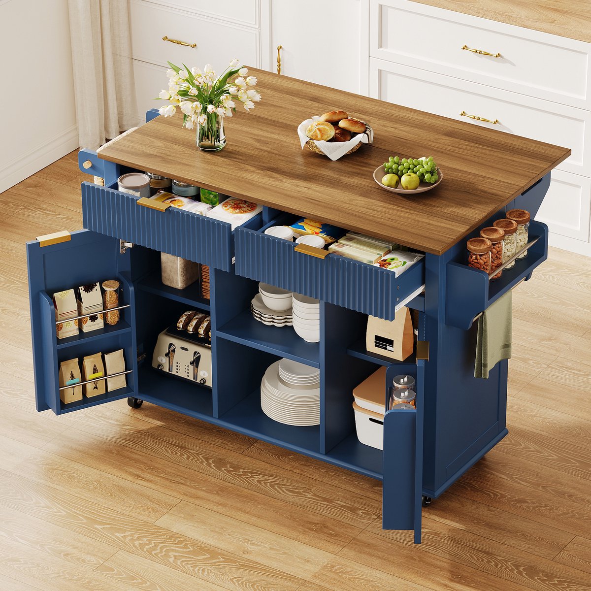 MODFU - Keukeneiland - Uitklapbaar Werkblad - Keukenwagen Op Rollen - 2 Laden - 2 Deuren - MDF - Blauw