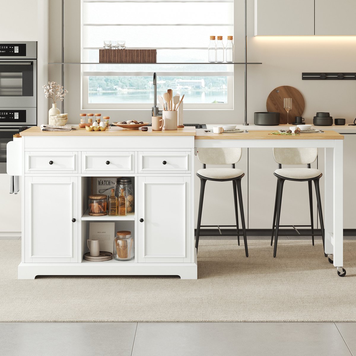 MODFU - Keukeneiland Op Wielen - Uitschuifbaar - Lades - Keuken - MDF - Wit/Naturel