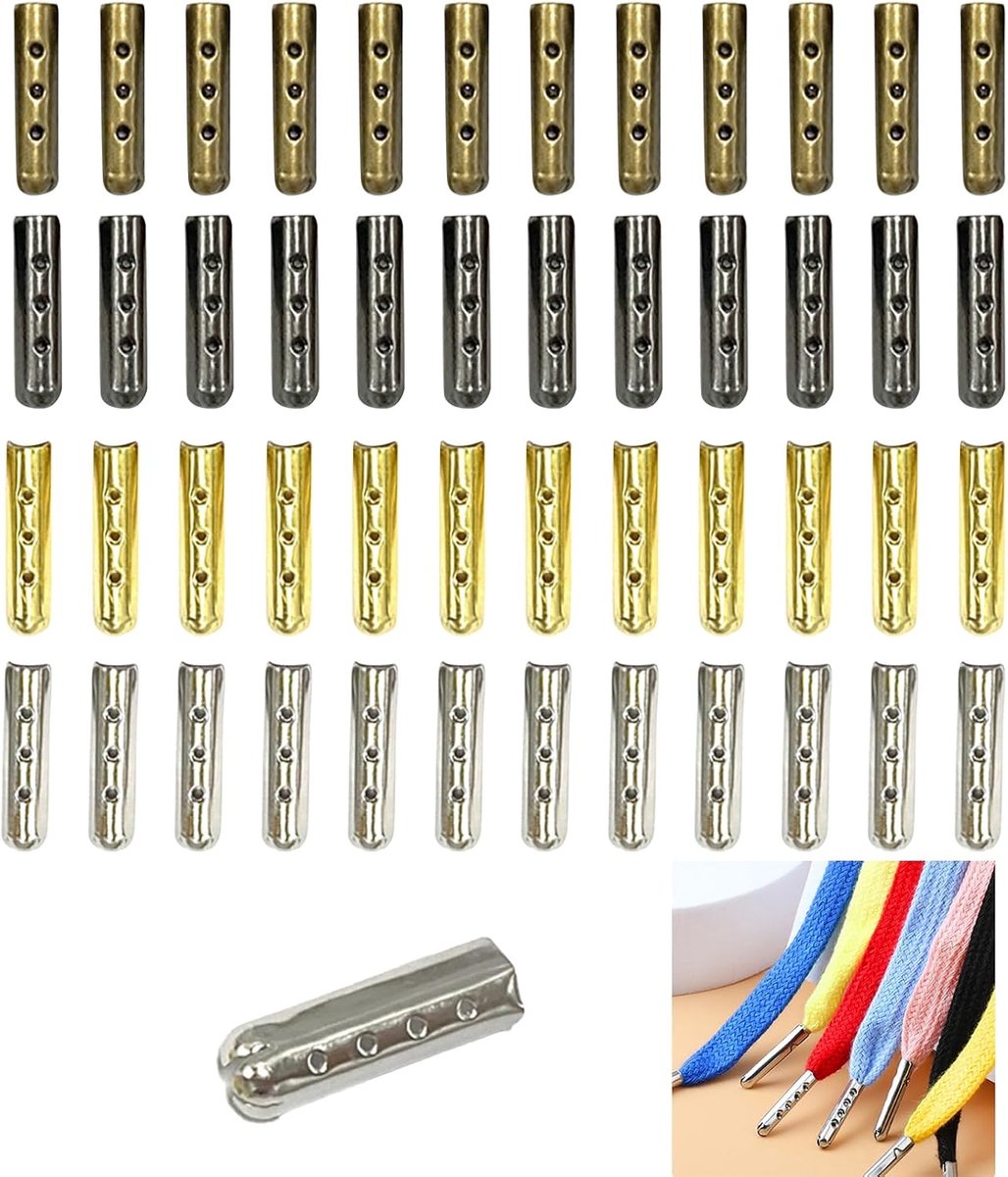 Set of 48 Metal Aglets Lace Up Tips, 4 Colours (Silver/Gunmetal/Antique Bronze/Gold) - ShopVlot