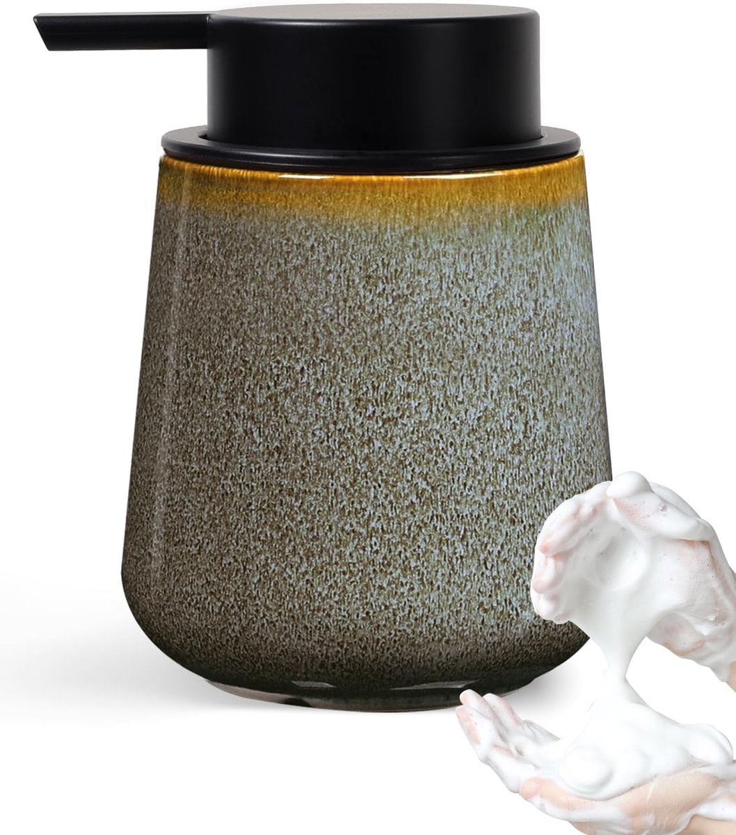 Zeepdispenser keramische schuimdispenser, 350 ml natuurlijke groene schuimzeepdispenser met grote pompkop, navulbare - ShopVlot