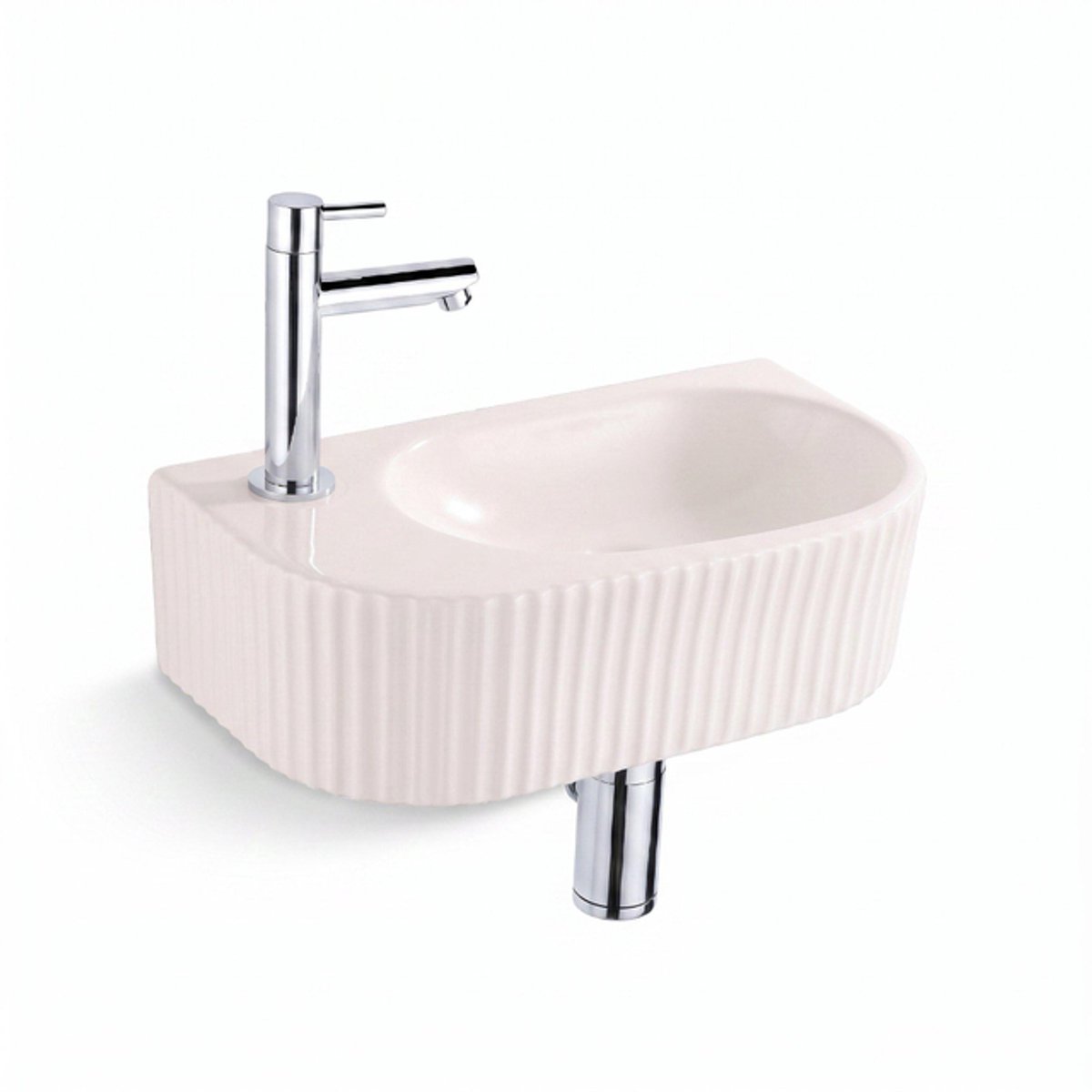 QeramiQ Fuente fonteinset – halfrond – 40x22x12 cm – kraangat links – chromen kraan – geribbeld