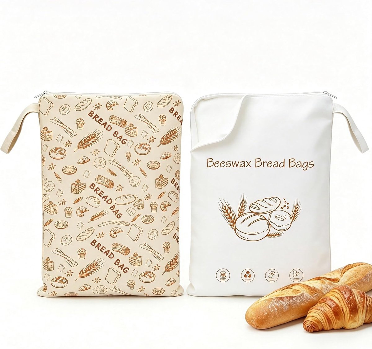 2er Set XL Beeswax Bread Bag, Reusable Bread Bags for Homemade Bread, Linen Cotton Bread Bag with L-Zipper for - ShopVlot