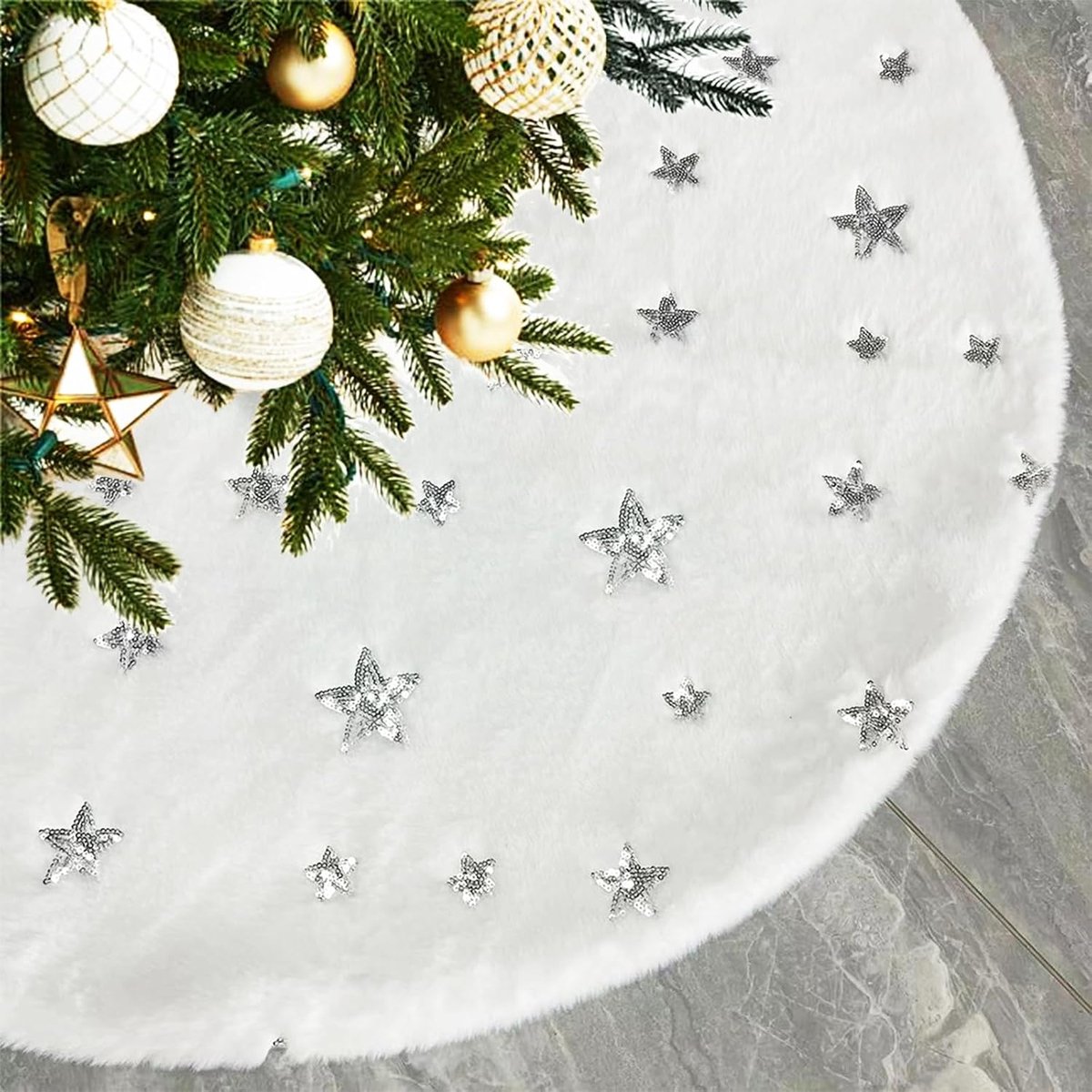 Kerstboomdeken 90 cm rond - Zacht konijnenfleece - Met zilveren sterren - Creëer warmte en luxe - ShopVlot