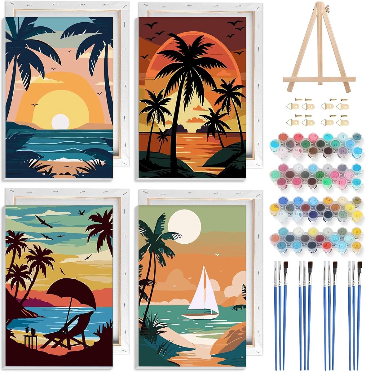 Schilderen op nummer set van 4 - landschap op canvas - DIY zonsondergang - ontspanning voor volwassenen en kinderen - ShopVlot