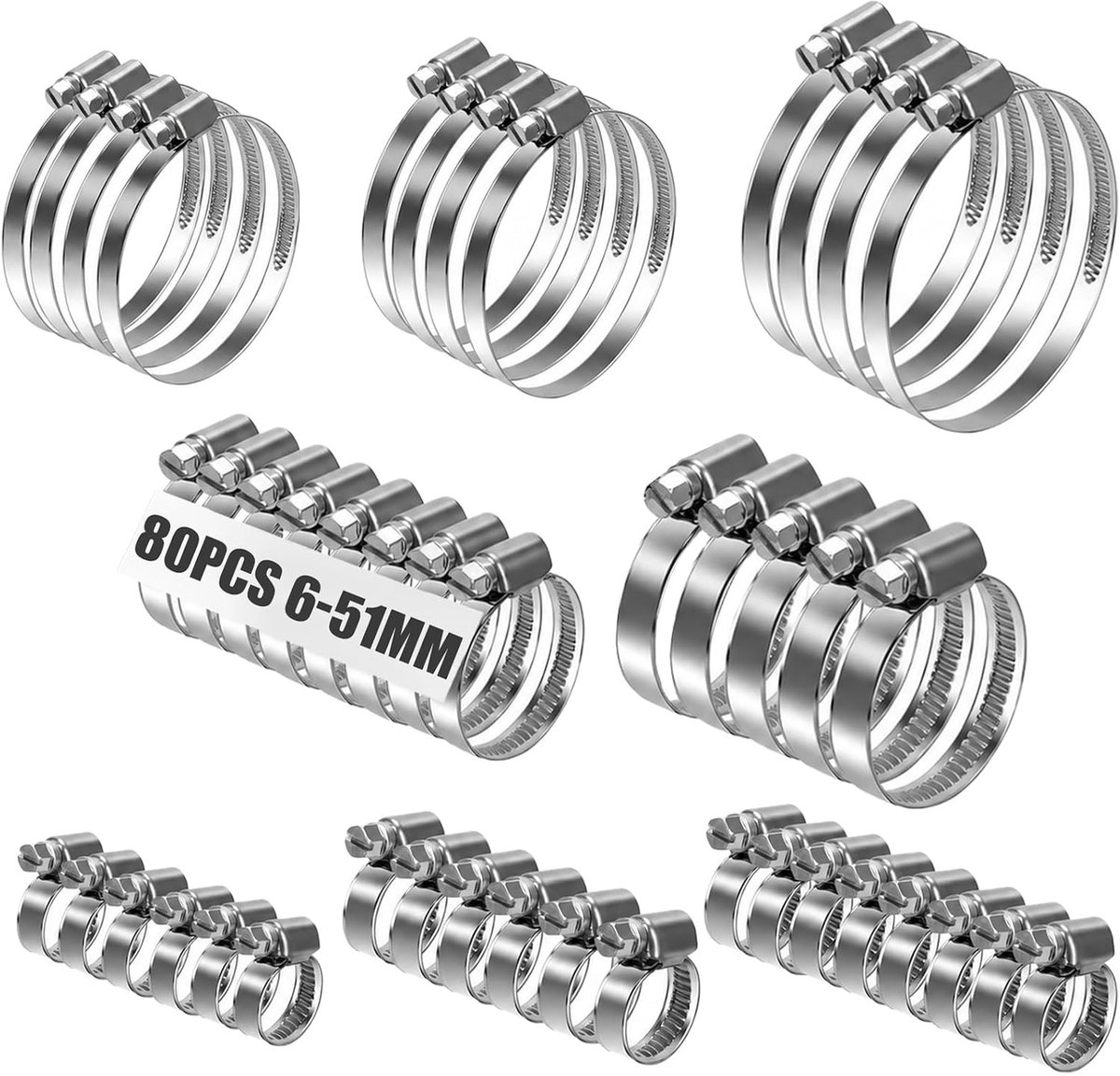 Slangklemmen set van 80 stuks - verstelbaar van 8-51 mm - roestvrij staal - eenvoudig te installeren - ShopVlot