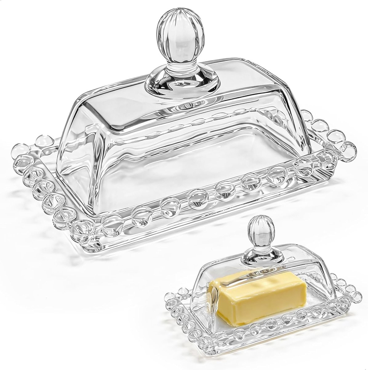 Boterdoos 11 x 6.5 x 6.5 cm - Glazen boterdoos met deksel - Elegante parelrand - Ideaal voor koelkast en tafel - ShopVlot