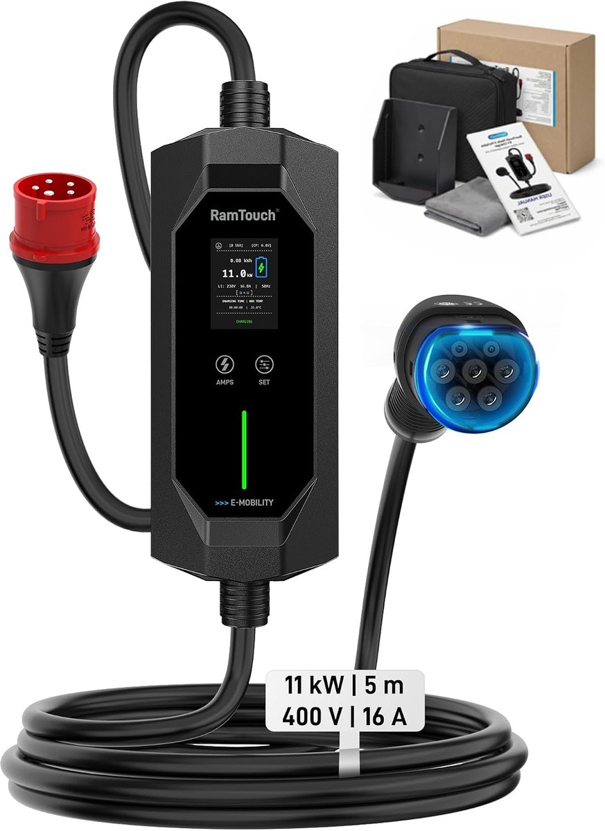 EV Home Charger (11 kW, 16 A, 5 m) - Red CEE 16A 5P to Type 2 - 3-fase - IP67 - 6–16 A - Timer en uitgestelde start - ShopVlot
