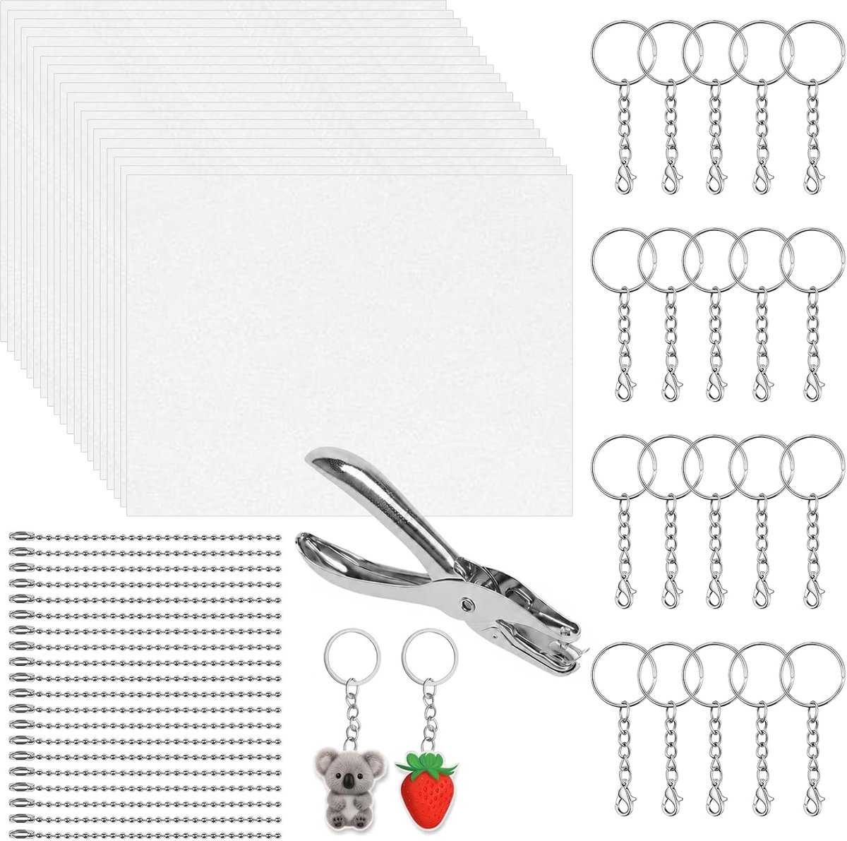 OMJMYY 61 stuks krimpfolieset 20 A5 krimppapier met sleutelhanger, kogelketting en perforator, krimpfolie om zelf vorm - ShopVlot