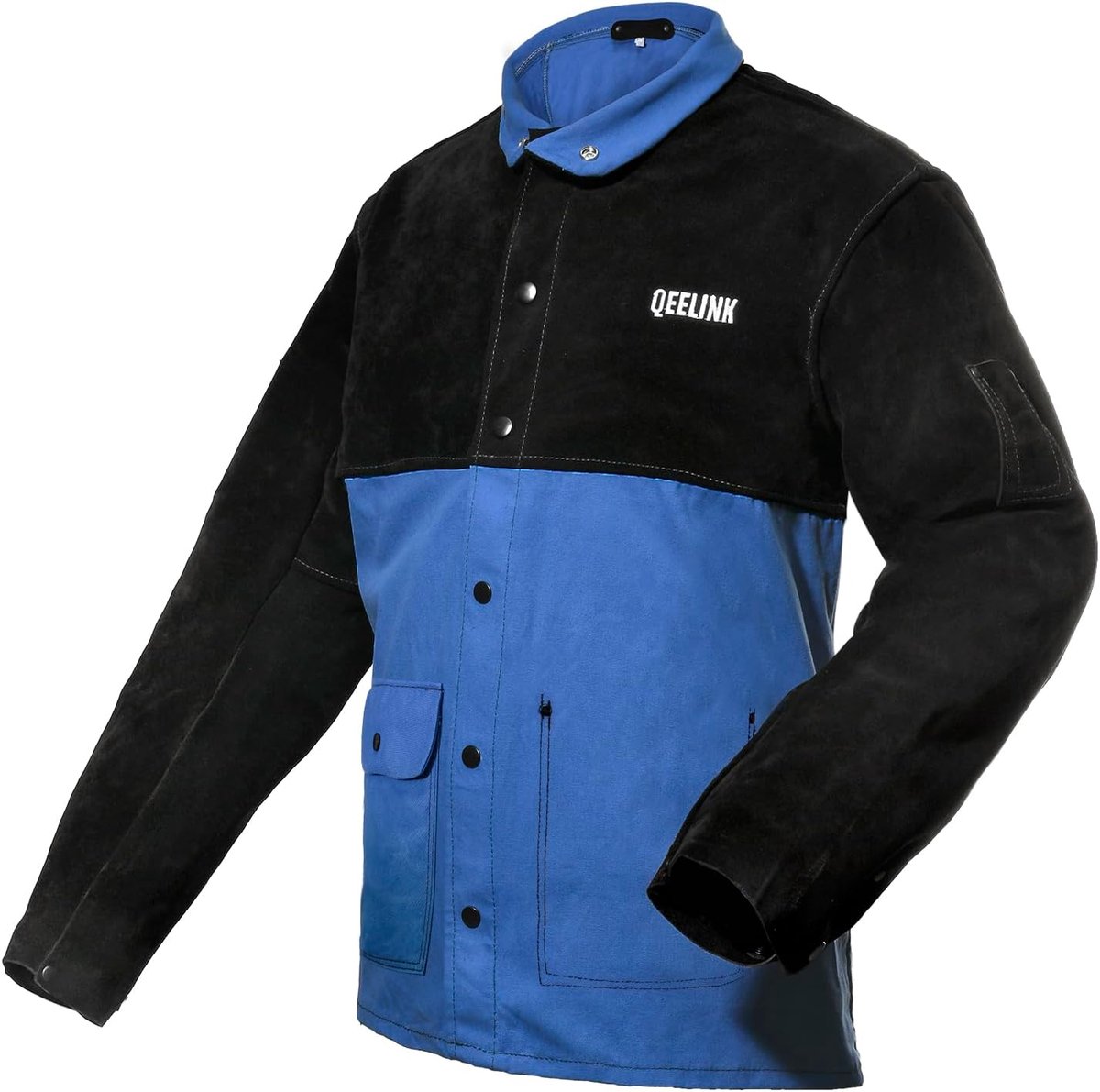 QeeLink Welding Jackets Split Leather Sleeves - Premium Flame Resistant Cotton Body Welder Coats, Blue & Black - ShopVlot