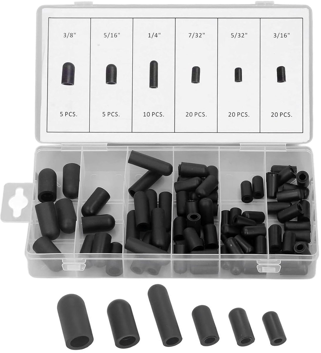 80 stuks zwarte rubberen stoppen, set met opbergdoos, voor carburateur en slangen, 9,5 mm, 5/16 inch, 1/4 inch, 7/32 - ShopVlot