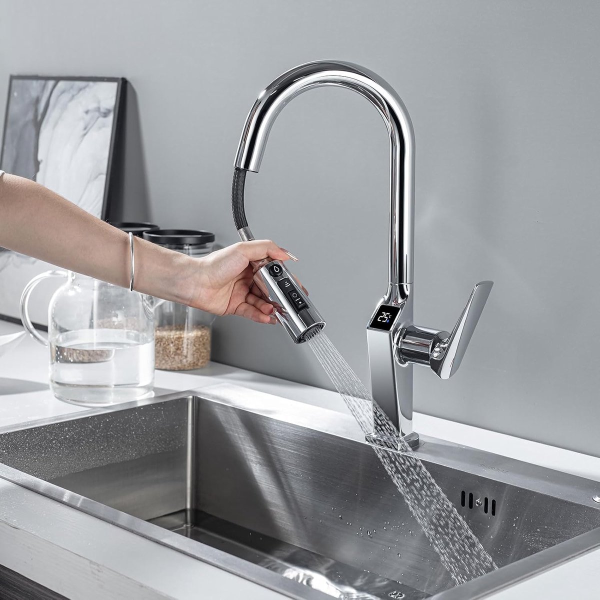 3-Way Kitchen Tap with Extendable LED Temperature Display, 3-in-1 Mixer Tap for Water Filter, 360° Swivel Kitchen Tap - ShopVlot