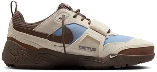 Bruine, witte en lichtblauwe sneaker met 'CACTUS' op de zijkant.