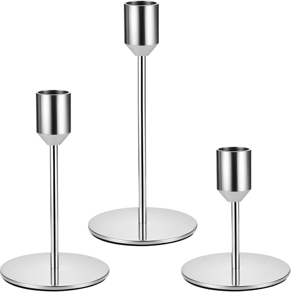 Set van 3 zilveren kandelaarhouders voor taperkaarsen, zilveren kandelaars, metalen hoge taperkaarshouderstandaards - ShopVlot