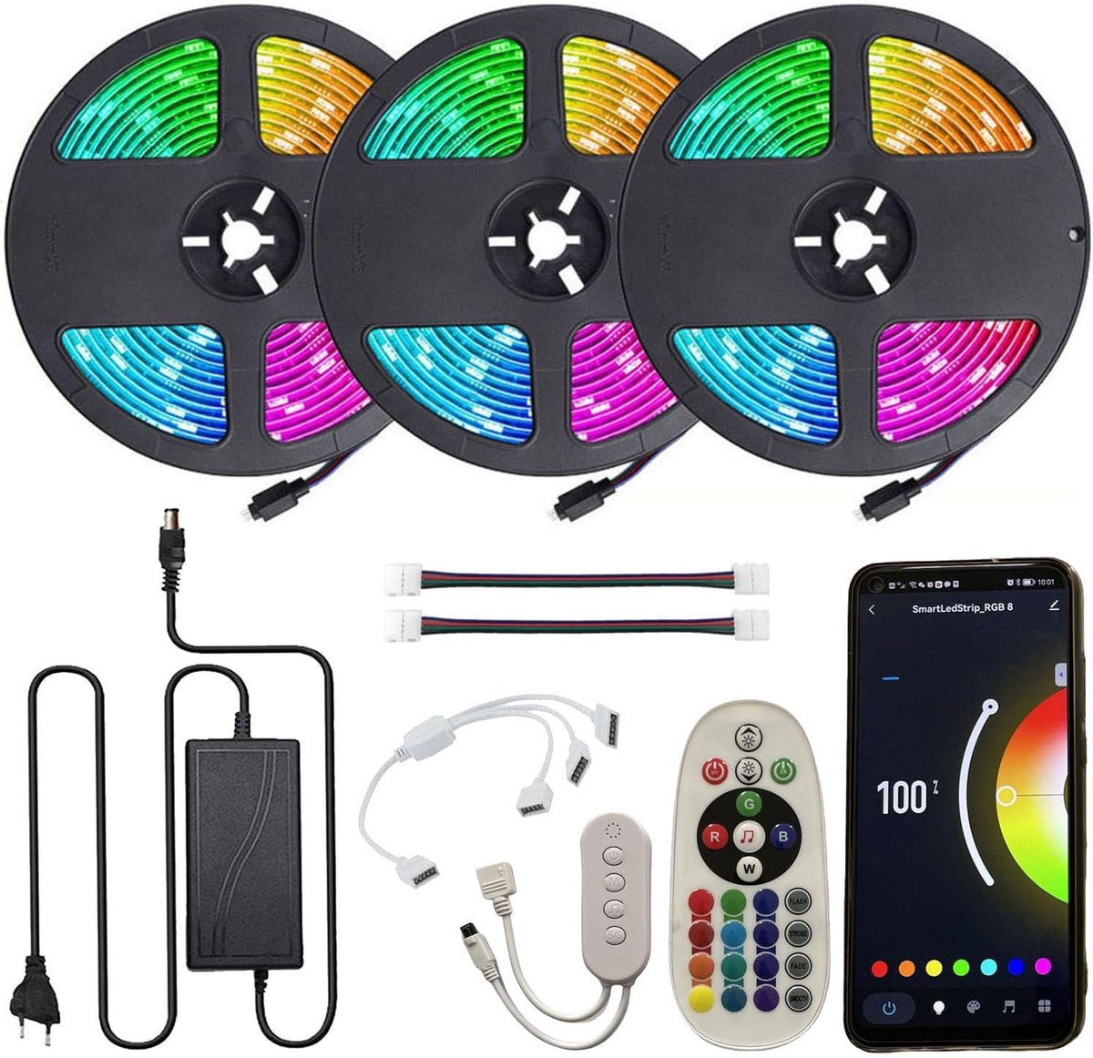 15m (3x 5m) RGB LED Strips Dimmable, WIFI Controlled LED Strip with IR Remote Control + 12V Power Supply, 5050 SMD 150 - ShopVlot