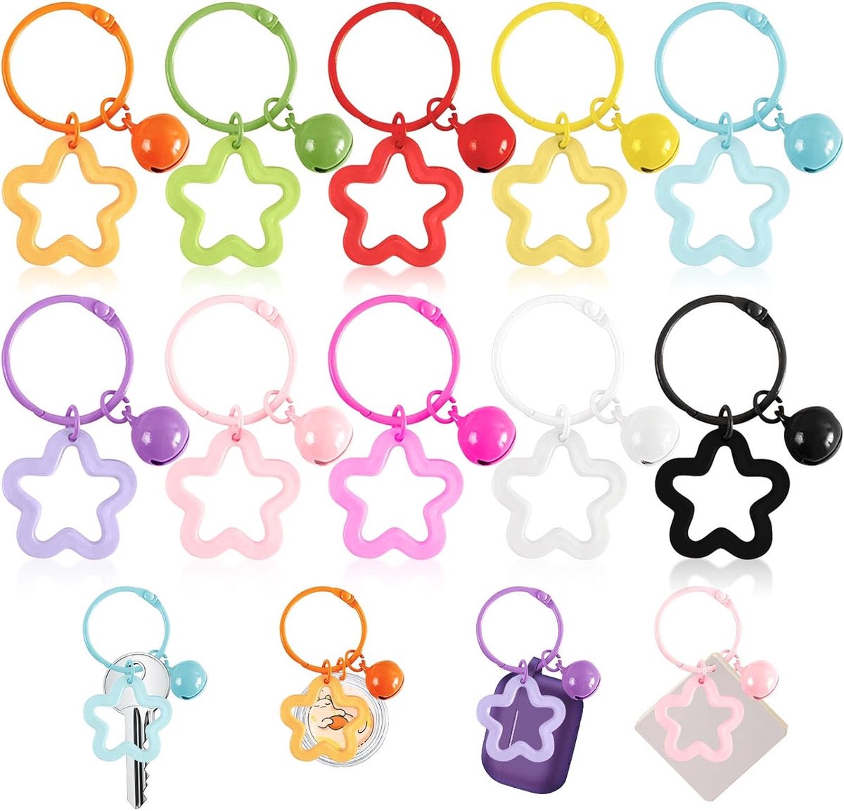 Sleutelhanger met ster en belletjes, 50 stuks, kleurrijk, creatief, van legering, bindringen, 3 cm, sleutelhanger - ShopVlot