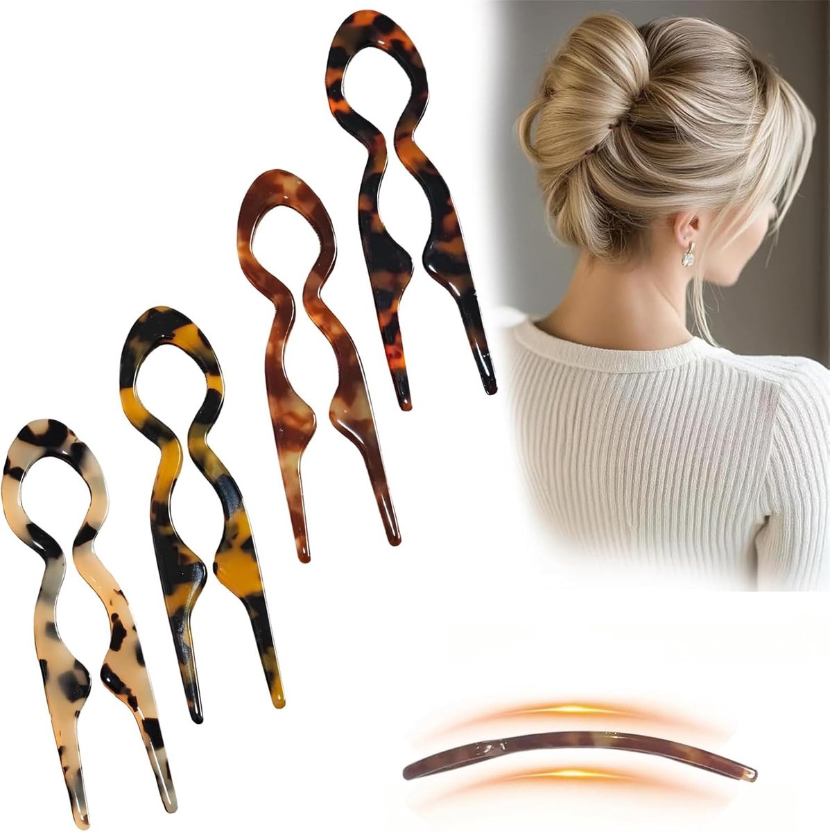 French Pin, 4er Set Acetate Turtle Hair Fork, U-shaped Hair Needles for Bun Updos, Elegant Hair Jewelry Women - ShopVlot
