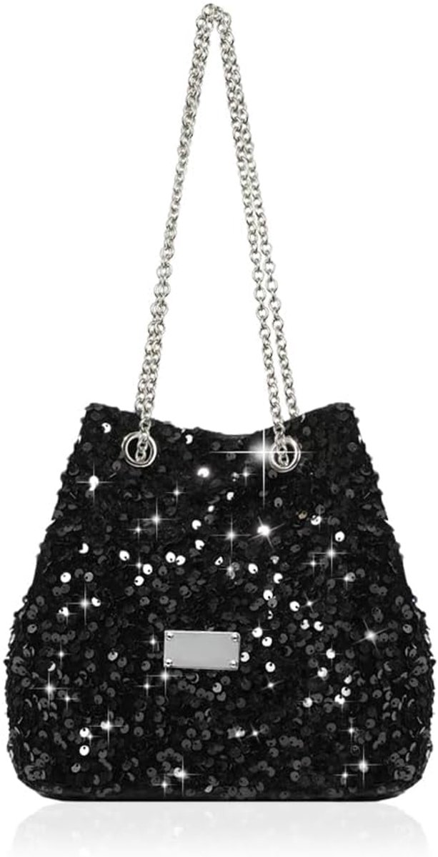 Clutch voor dames - zwarte glittertas - elegante schoudertas - perfect voor feesten - ShopVlot