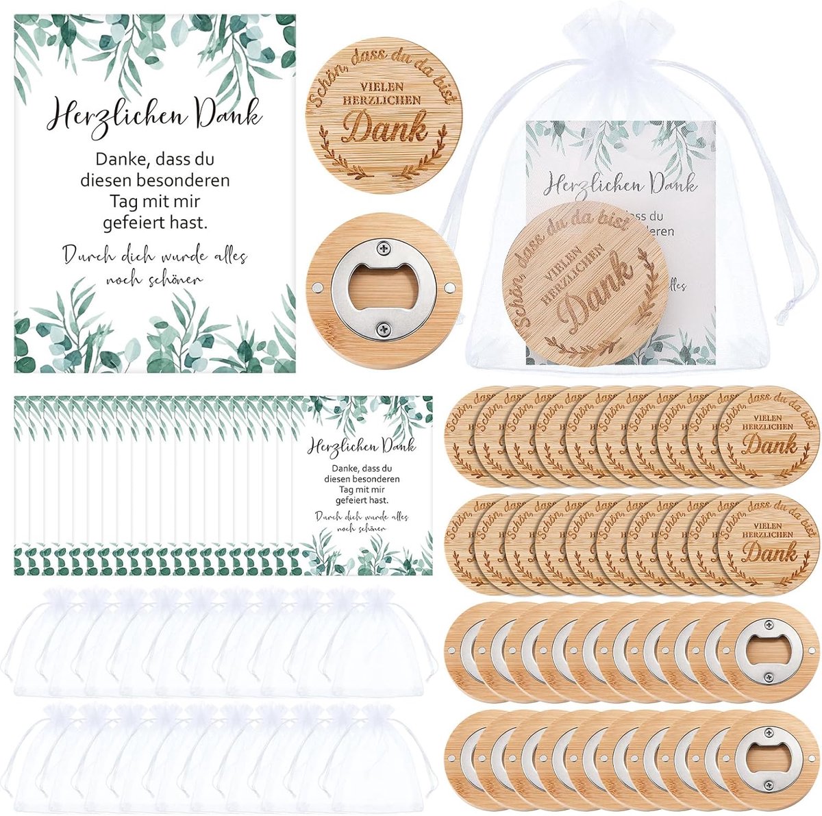 20 Sets Communion Favors Round Wooden Bottle Openers Schön Dass du da Bist Magnetic Beer Opener with Organza Bags - ShopVlot