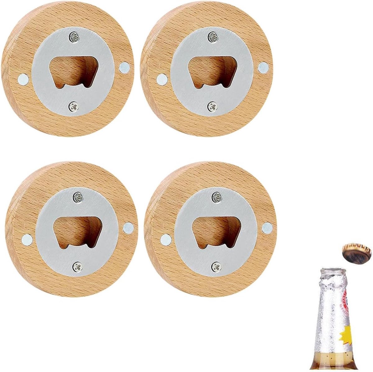 Bottle Opener, 4 Pcs Round Engravable Wood Beer Openers with Magnetic Base, Bamboo Stainless Steel Beer Bottle Opener - ShopVlot