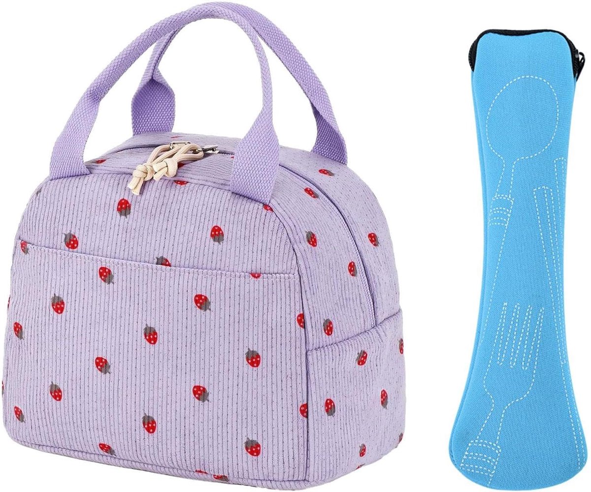 1 Piece Lunch Bag And 1 Piece Tableware Bag, Corduroy Strawberry Insulation Bag, Large Capacity Insulation Tote Bag - ShopVlot