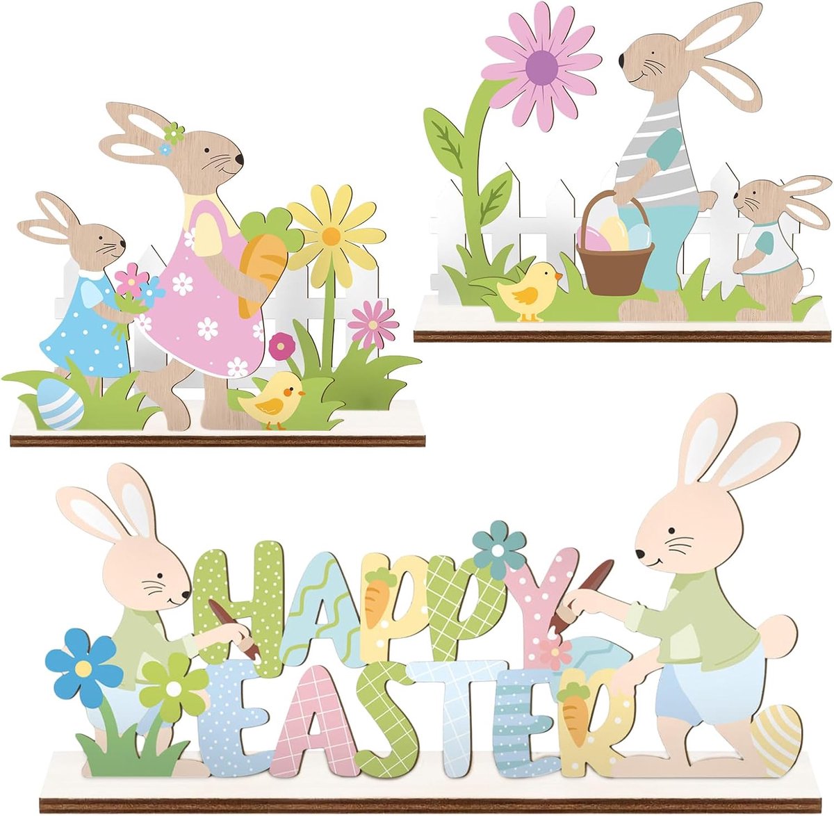 Houten paashazen, 3 stuks decoratieve hazen, paashaas, paashaas, paasdecoratie, paascadeau (Happy Easter - 3) - ShopVlot