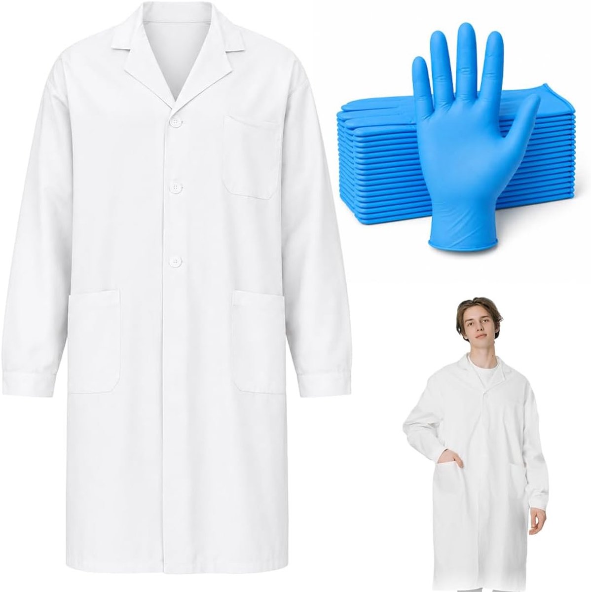 Labjas, 20 nitril handschoenen, doktersjas voor vrouwen en heren, witte chemiejas, werkjas voor studenten en cosplay - ShopVlot