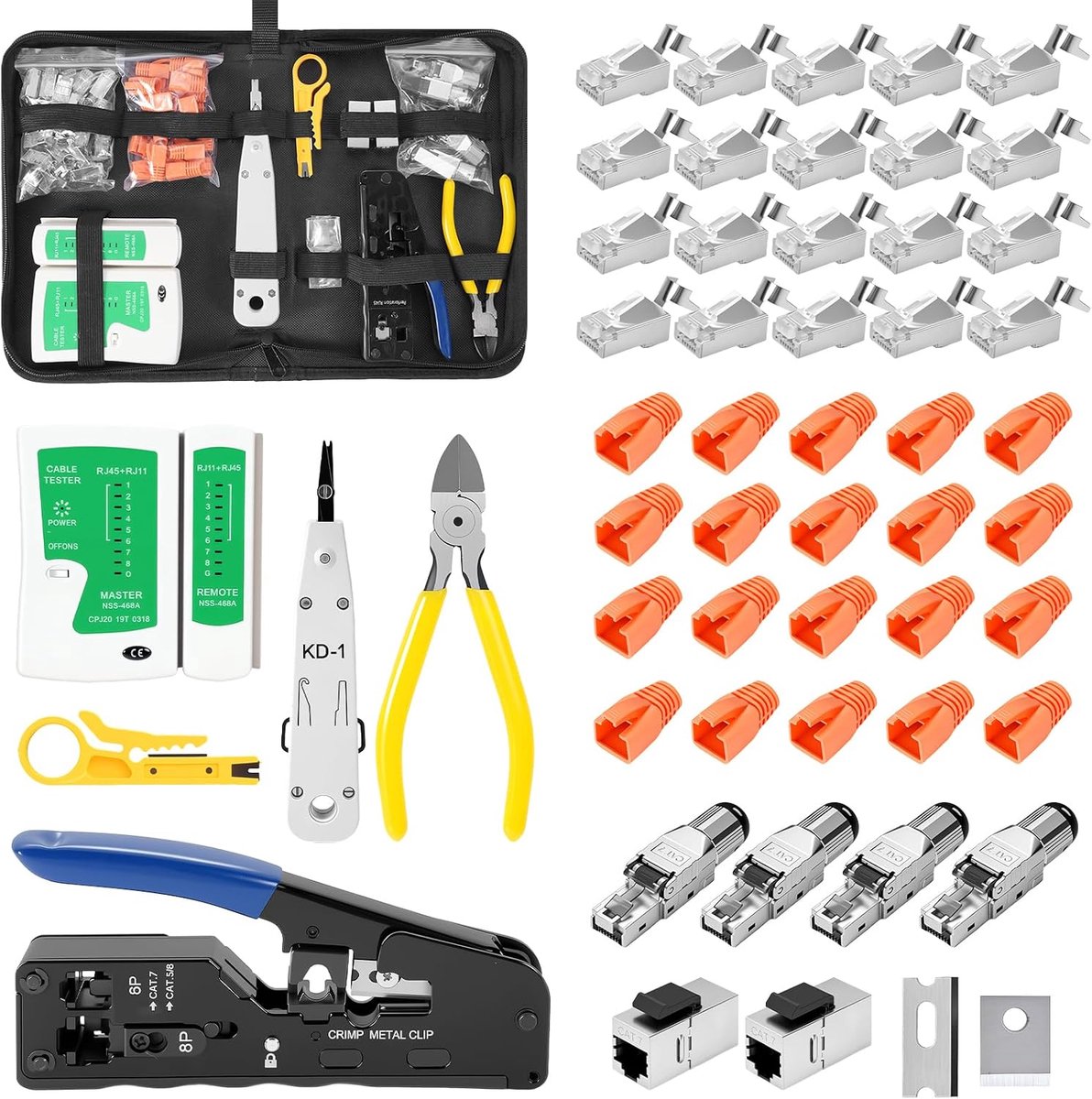 Professional Network Installation Kits, RJ45 Crimping Pliers with 20 Connectors, 4 x Cat7 Network Connector, LSA - ShopVlot