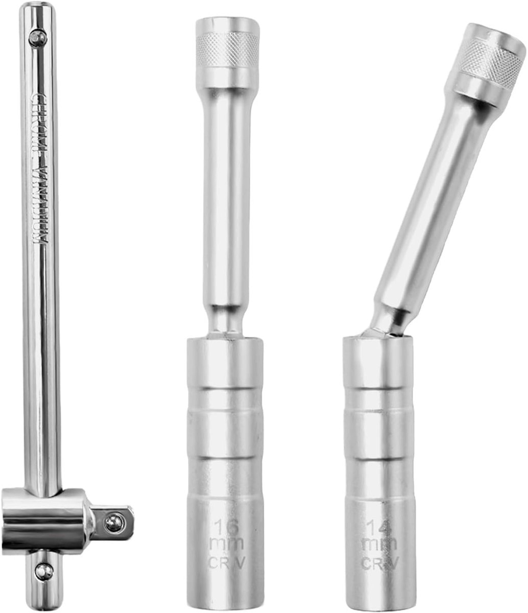 Spark Plug Wrench Set, 3 Pieces, 14 mm and 16 mm, Magnetic Spark Plug Remover, Universal Flexible Socket Wrench - ShopVlot