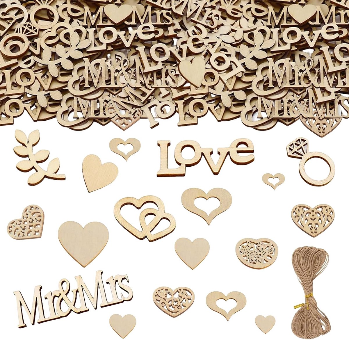610 Pieces Wooden Hearts Decoration Set 5 Sizes Beech Wood Sprinkle Decoration with 10 m Jute Cord, Laser Cut Table - ShopVlot