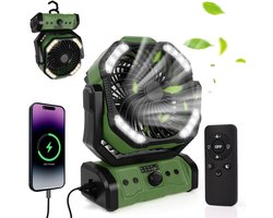 20000 mAh USB-campingventilator met LED-verlichting, draagbare oplaadbare bureau-/tentventilator met afstandsbediening en haak, 270° draaibare kop voor vissen en als windscherm.