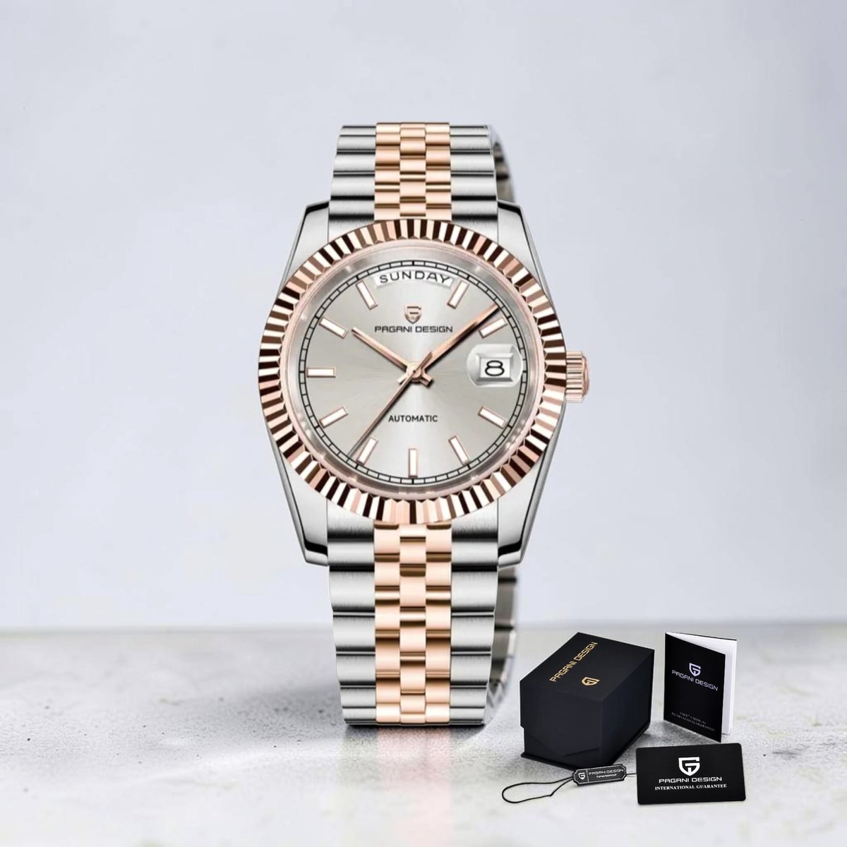 Pagani Design PD-1752 Automatisch Herenhorloge Zilver Wijzerplaat - Tweekleurig Staal Rose Goudkleurig - 36mm