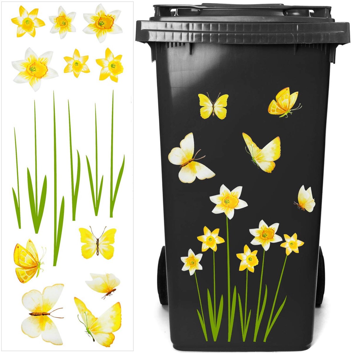 Dailygoods- Vuilnisbak Stickers Bloemen - Decoratieve Prullenbak Stickers - Herbruikbare Stickers - Muurstickers - Koelkast Stickers - Felgele Kleur - Muursticker