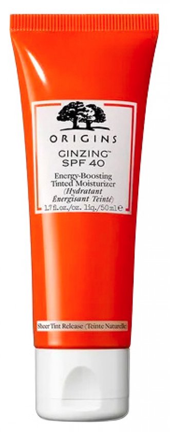 Oranje tube met wit dopje voor 'Origins Ginzing SPF 40 Energy-Boosting Tinted Moisturizer'.