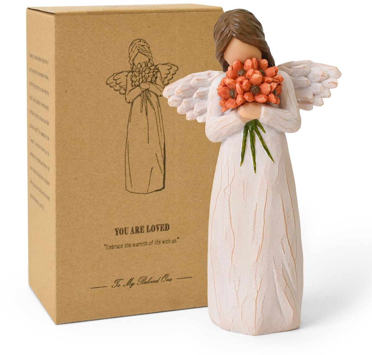 Dailygoods- Beschermengel Beeldje - Hars Engel met Bloemen - Woondecoratie Ornament - Cadeau voor Bloemenliefhebbers - 13 cm Hoog - Inclusief Geschenkdoos - Engelbeeld