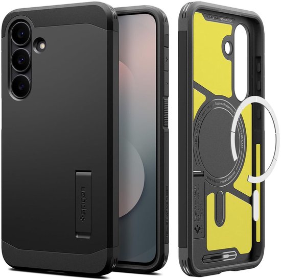 Zwart Spigen telefoonhoesje met gele binnenkant, magnetische ring en standaard.