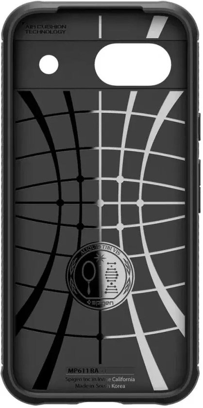 Binnenzijde zwarte Spigen case met Air Cushion Technology en grafisch patroon.