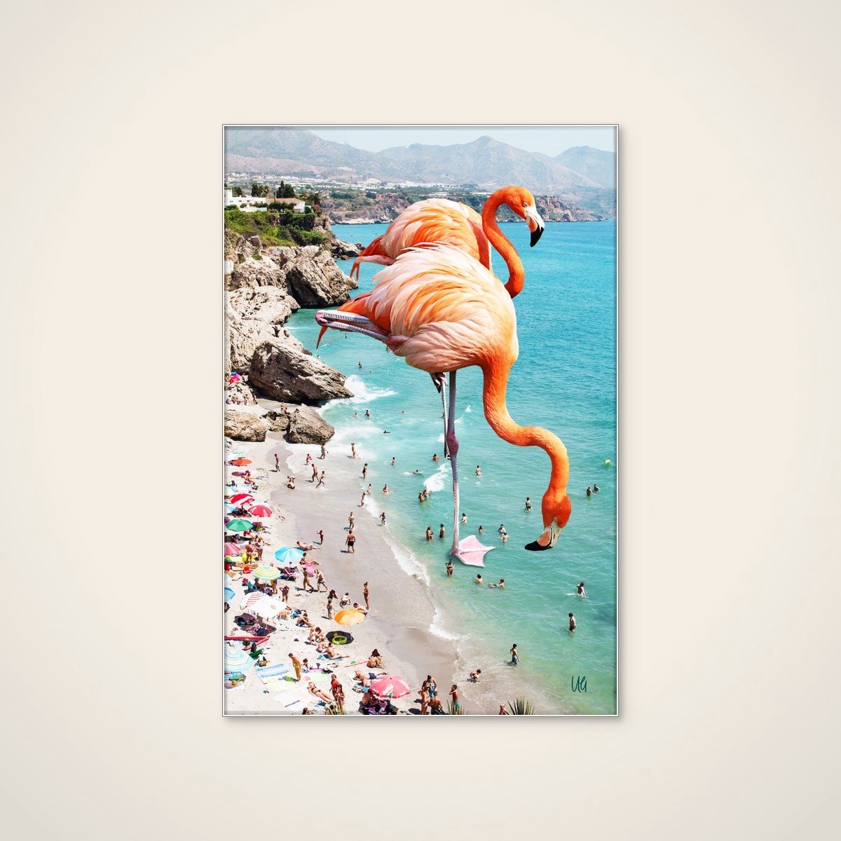 Akoestisch schilderij - 80 x 120 cm - Surreal Beach Flamingos van Uma Gokhale - Dieren wanddecoratie - wit textielframe