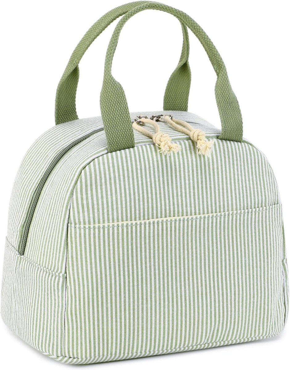 Duurzame Isolerende Lunchbox voor Vrouwen - Herbruikbare Lunchtas van Katoen - Lekvrije Thermische Koeltas met Grote Capaciteit en Stijlvolle Groene Strepen