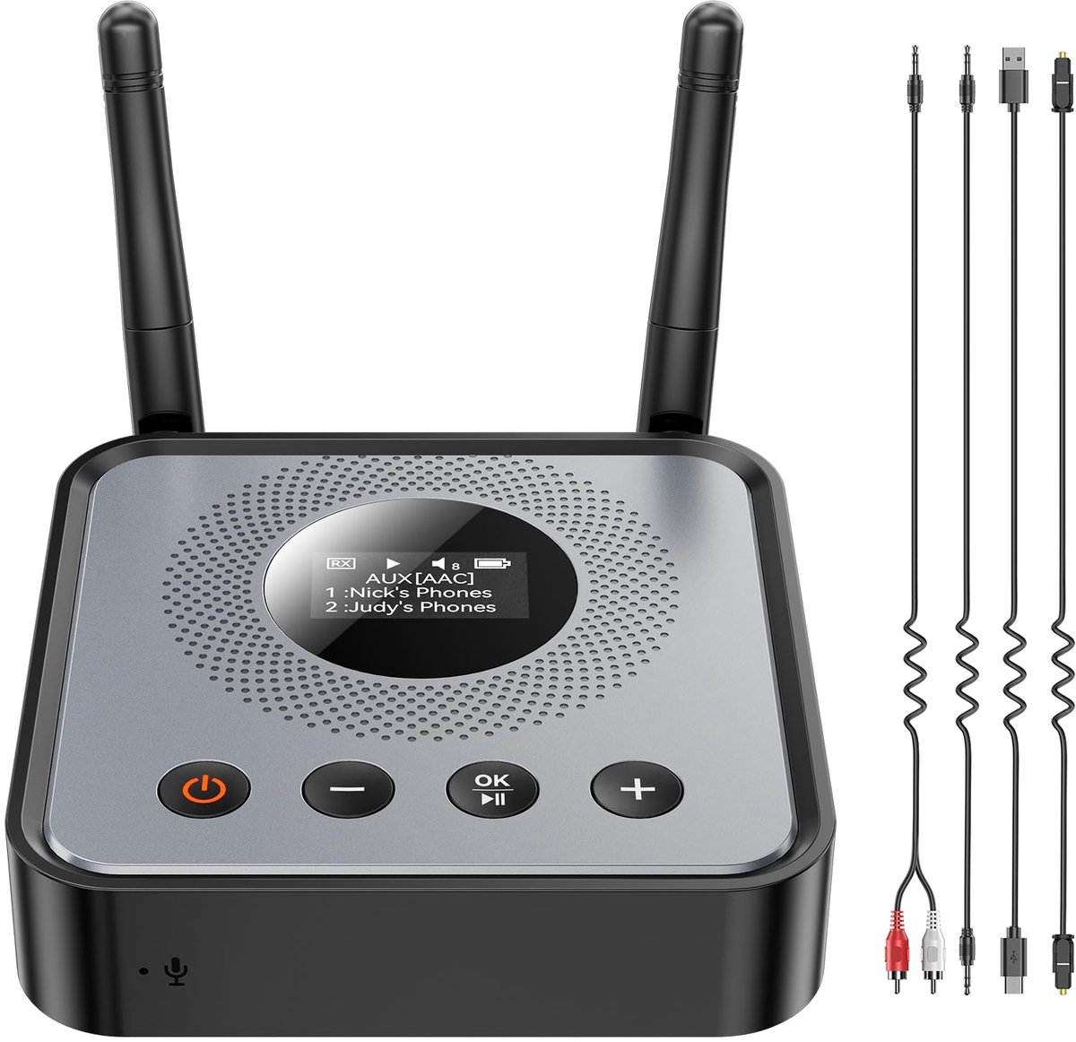 QTTVBTNA -Bluetooth Adapter - 2-in-1 Zender Ontvanger - Bluetooth 5.2 - 0,96 inch OLED display, dubbele chip, dubbele koppeling, 30 m bereik - 1200 mAh, 38 uur afspelen - Ondersteunt AUX, RCA, optisch en USB - Voor tv, auto, computer en stereo