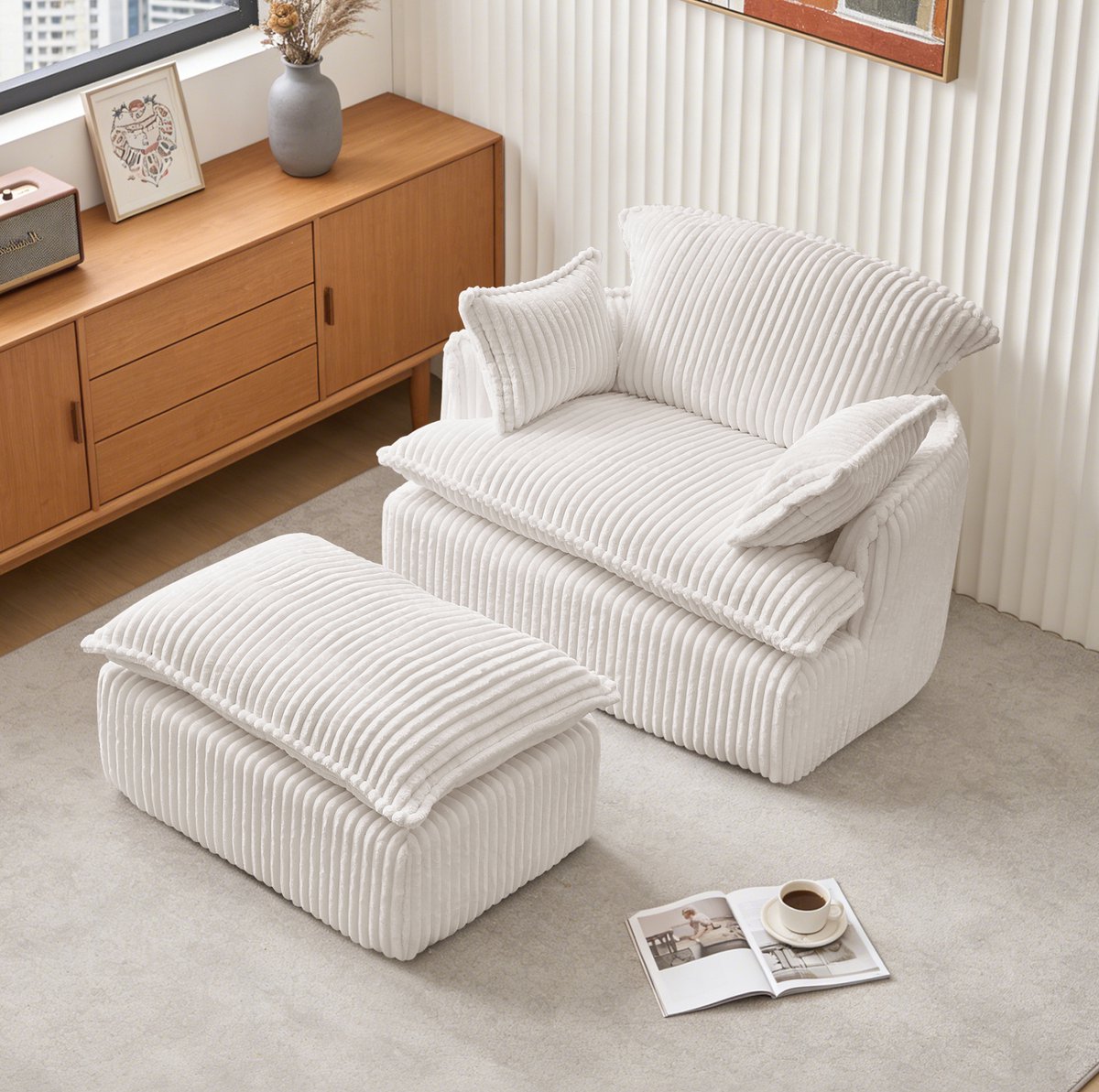 MIVRAY Fauteuil 115 x 89 x 77 cm - Met Hocker En Zachte Stoffen Bekleding - Voor Woonkamer En Studentenwoning - Stof Beige