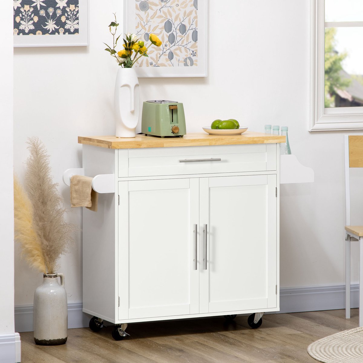 COVREO Keukenkast 109 x 40 x 89 cm - met lade, kast, kruidenrek, handdoekhouder en wielen, wit