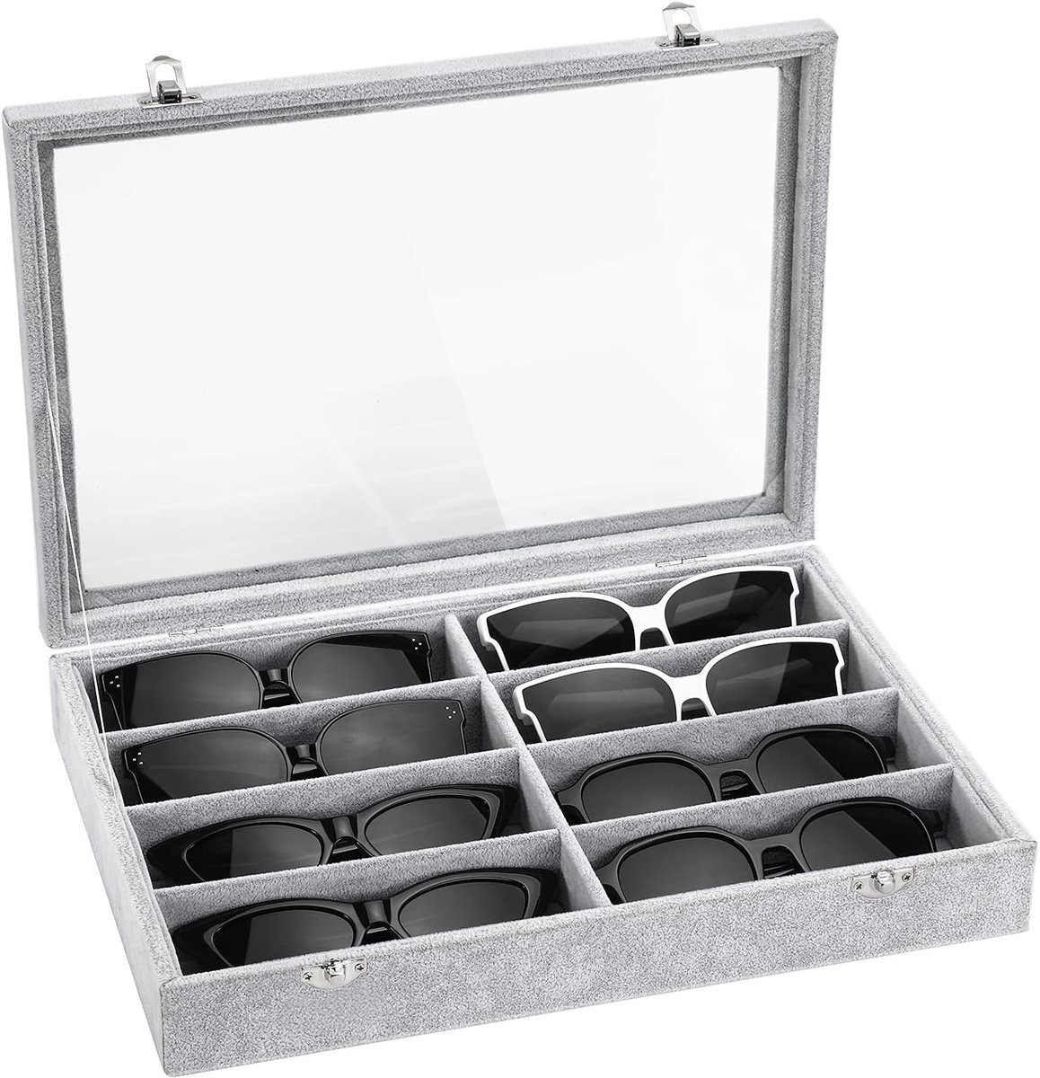 Glazen Sieradenopbergtray met 8 Vakken en Doorzichtig Deksel, Stapelbare Velours Opbergruimte met Verwijderbare Binnenverdelers, Grijs, voor Oorbellen en Kettingen