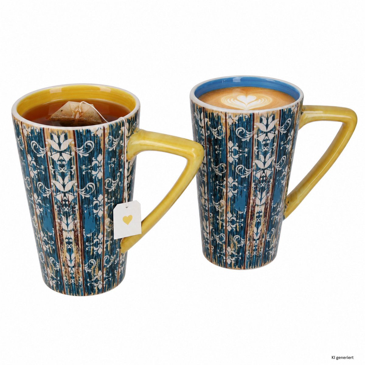 2-delige beker set Shabby Chic hout porselein 1x blauw 1x geel 450 ml - 7742 G:F.