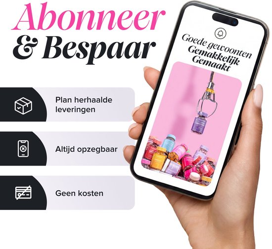Hand houdt smartphone met "Abonneer & Bespaar" en een grijpkraan met Novomins producten. Opties: Plan herhaalde leveringen, Altijd opzegbaar, Geen kosten.