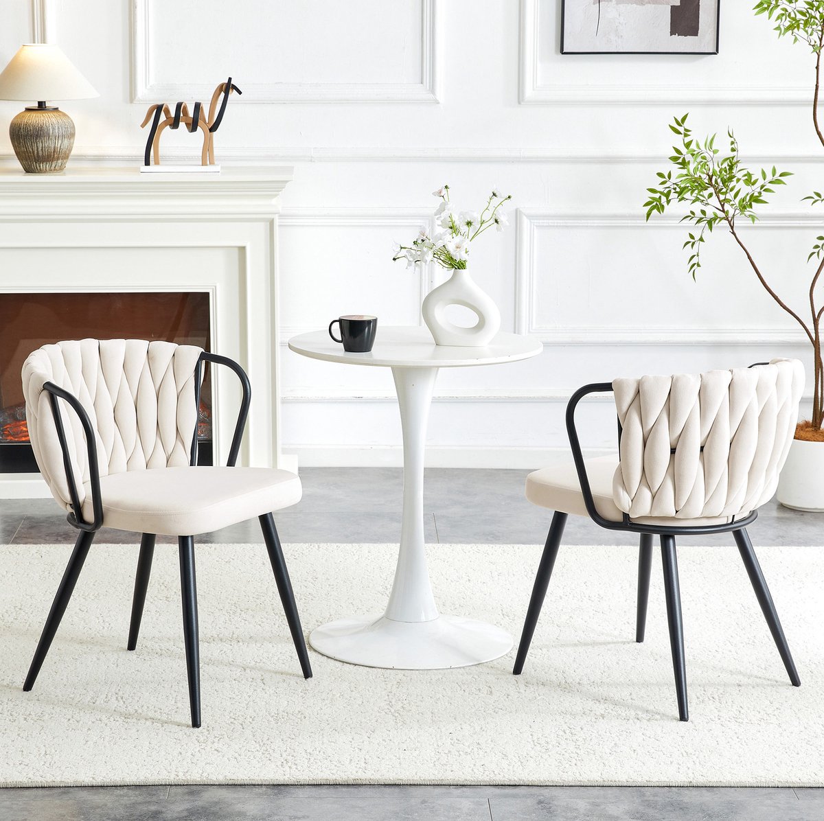 FloraGrace Eetkamerstoel Set van 2 – Met Armleuningen & Ergonomische Rugleuning – Gestoffeerd Fluweel – Voor Eetkamer en Woonkamer – Beige Zwart